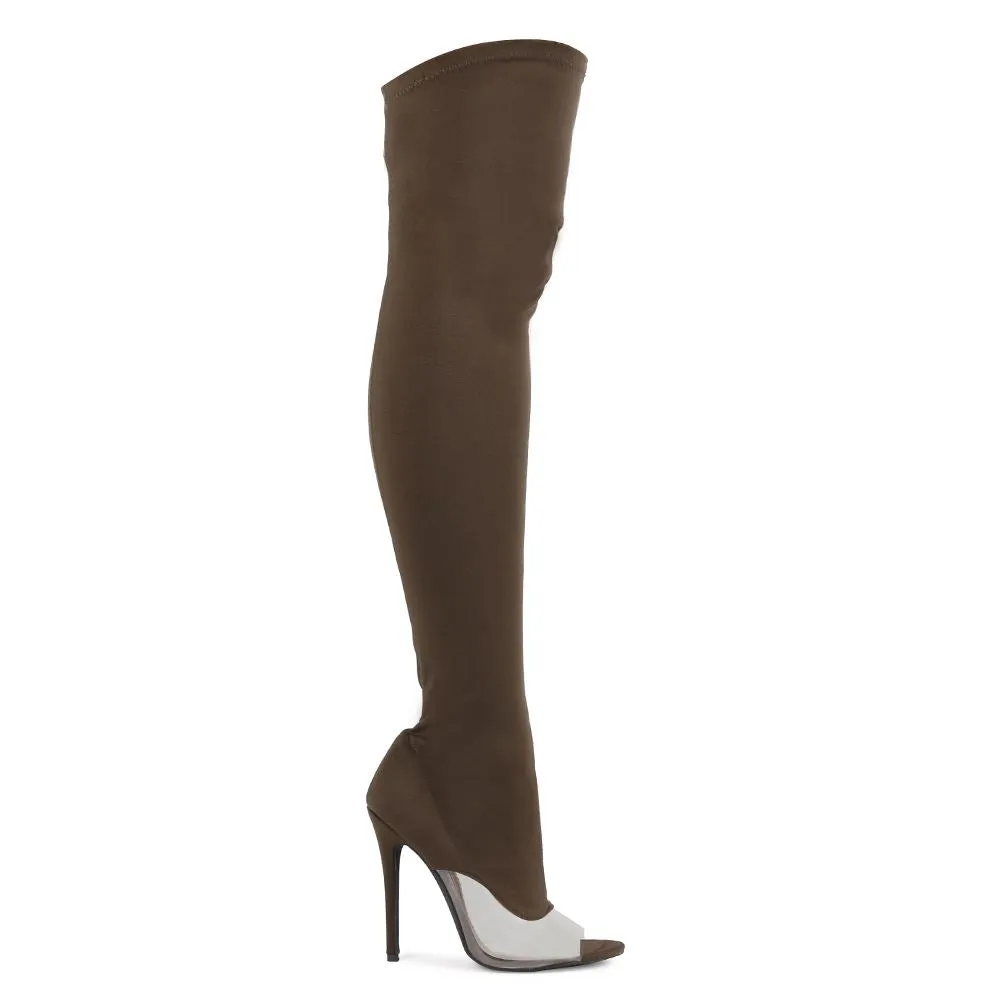 Brooklyn Clear Perspex Detail Over The Knee Boots in Khaki