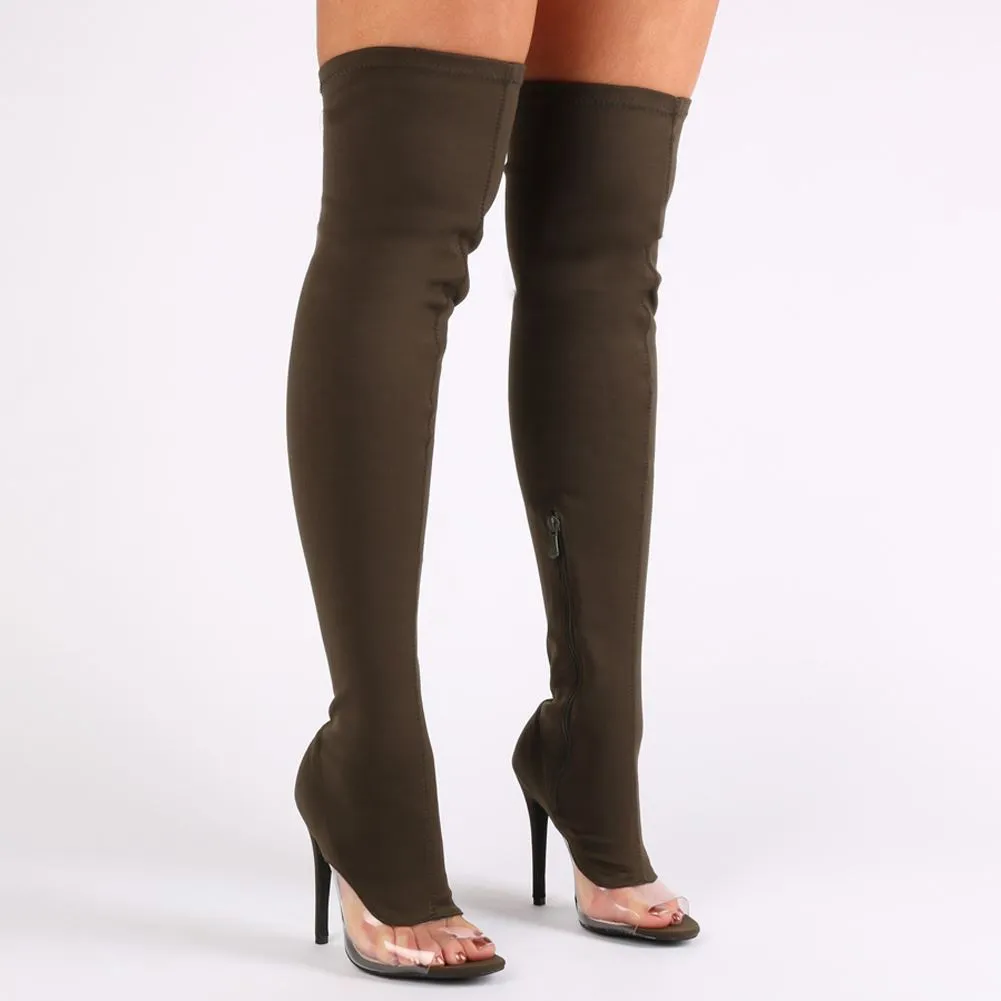 Brooklyn Clear Perspex Detail Over The Knee Boots in Khaki