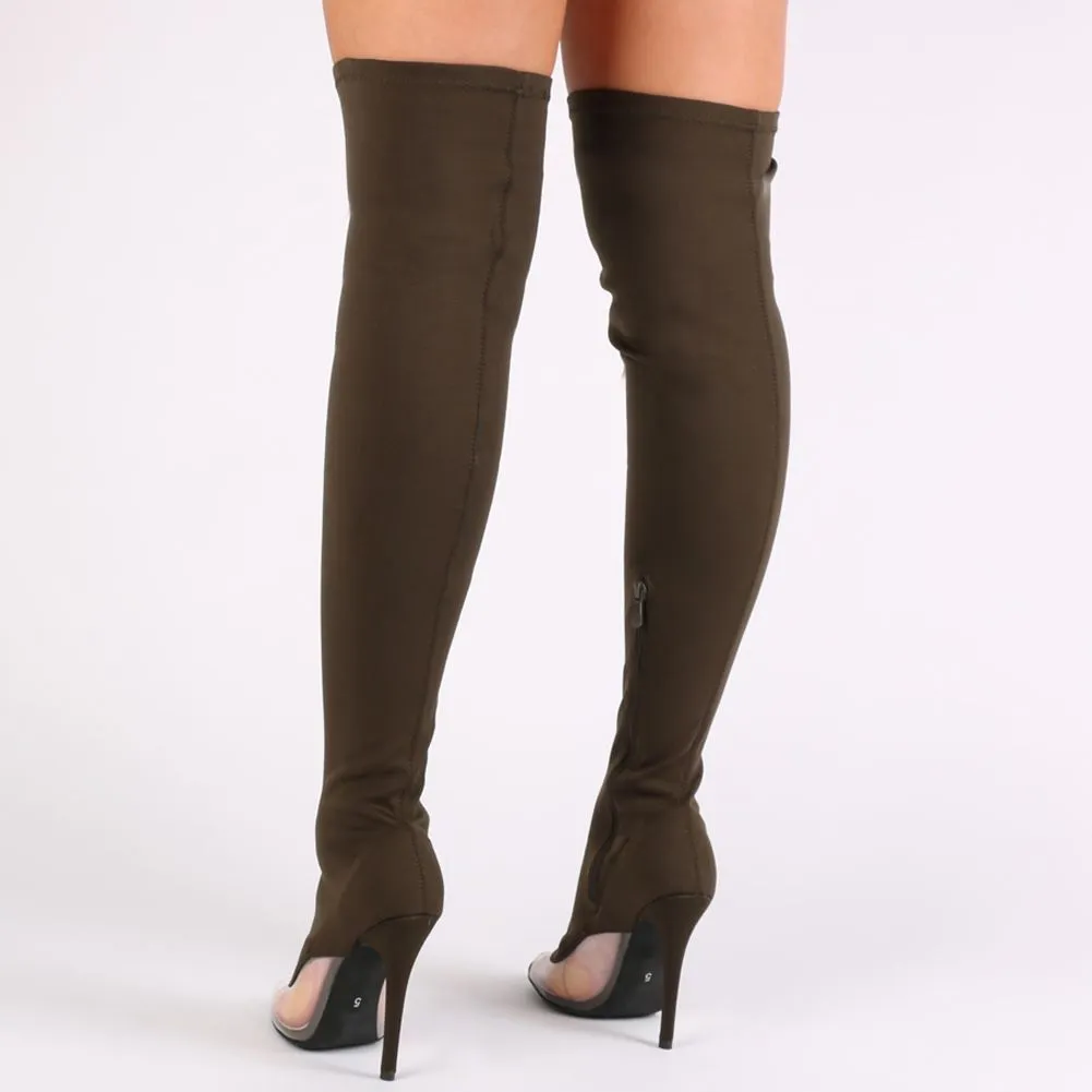 Brooklyn Clear Perspex Detail Over The Knee Boots in Khaki