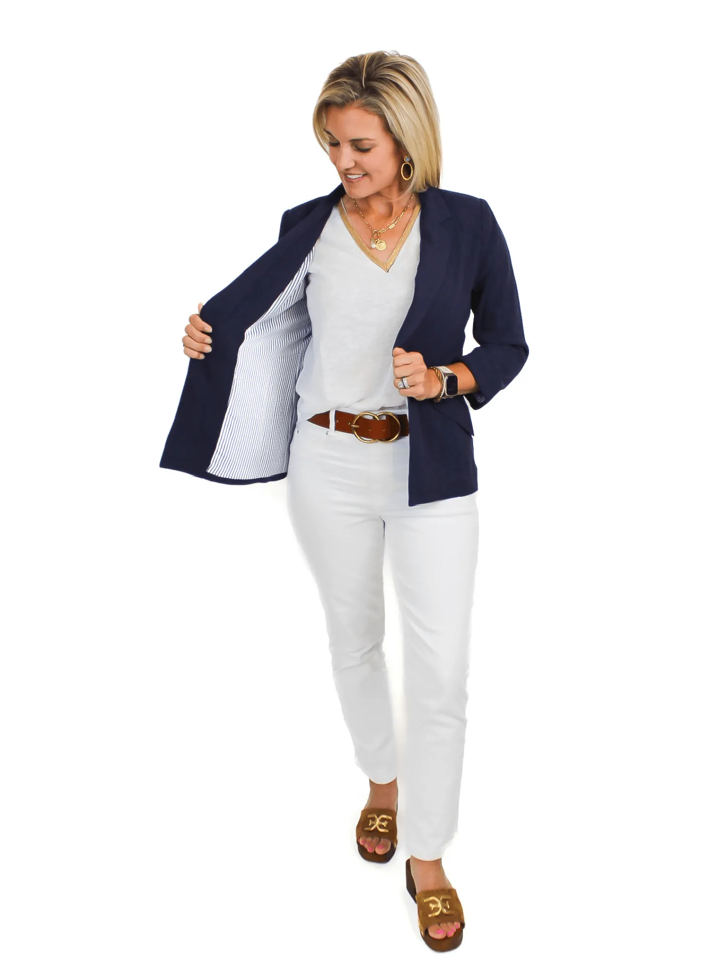 Linen 3/4 Sleeve Blazer - Navy