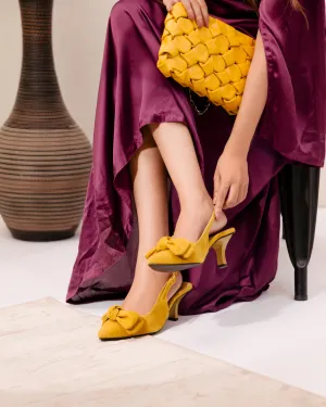 Melina Pointed Toe Mustard Flower Knotted Bow Heel