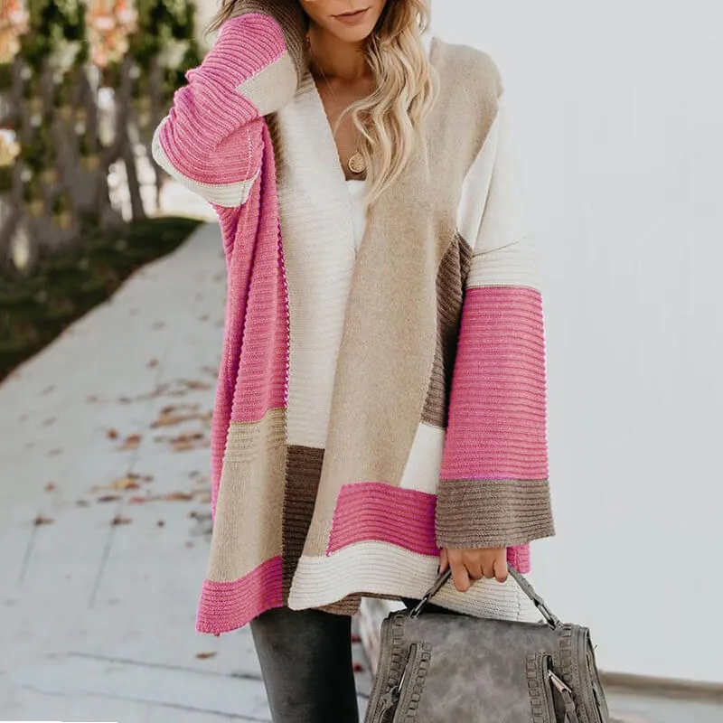Oversized Colorblock Loose Bell Sleeve Cardigan Sweater