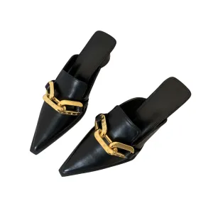 Pre Order:  Metal Chain Pointed Toe Block Heel Sandals