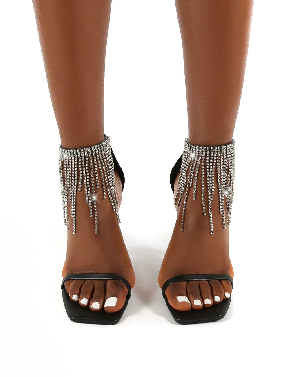 Redemption Black Diamante Tassel Ankle Square Toe Stiletto Heels