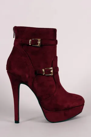 Suede Double Buckle Platform Stiletto Booties